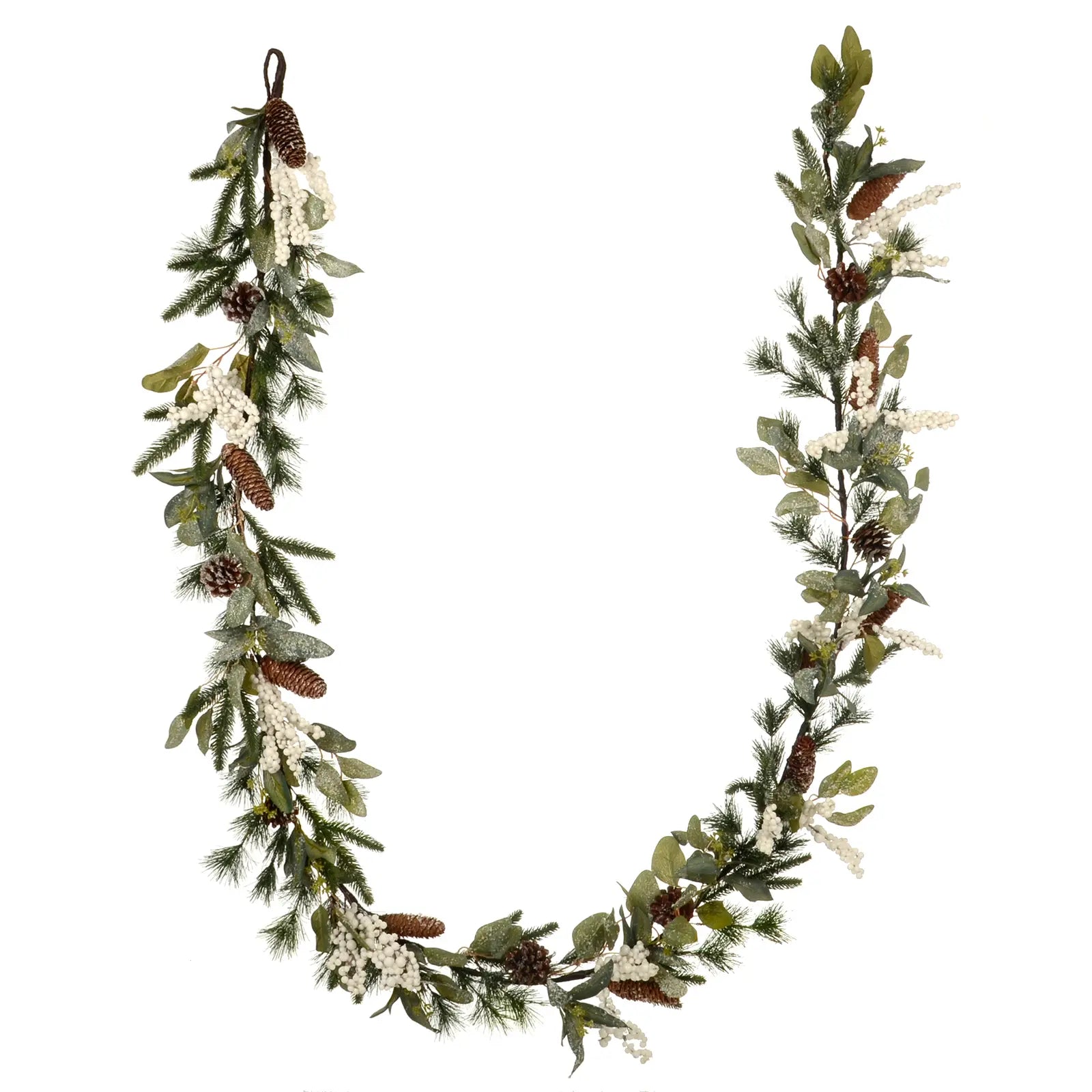 mr crimbo 2.7m christmas garland featuring white berry clusters, pone cones, pine branches and frosted foliage